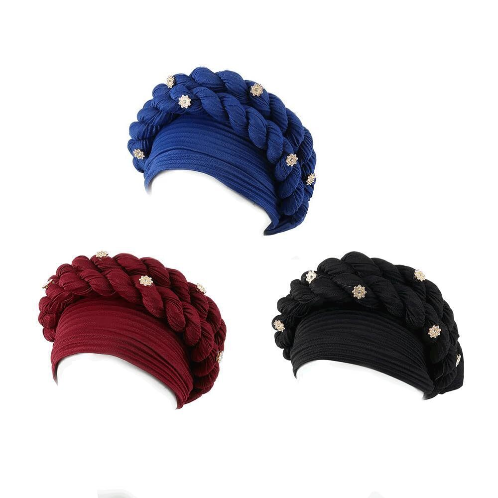 9691 3PCS Headwrap Turban Cap Braid Wrap Hat Polyester Beanies Multicolor